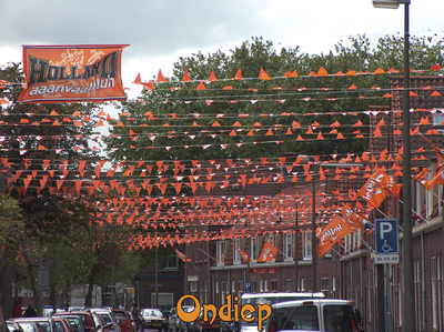 716537 Fotopaneeltje, met een afbeelding van de oranjeversiering in het Ondiep te Utrecht. De versiering is aangebracht ...